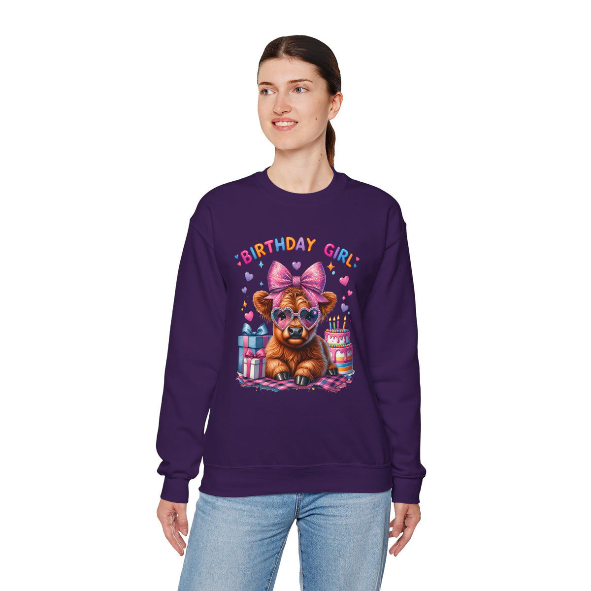 Birthday Girl, Highland Cow – Gildan Heavy Blend | Trendy Women’s Soft Sweatshirt. Direct to Garment. Printed & Shipped in the USA. Unisex Sizes.