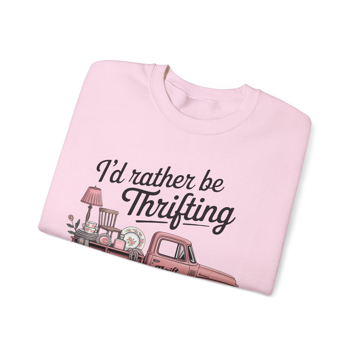 I'd Rather Be Thrifting. Pink Vintage Truck – Gildan Heavy Blend | Trendy Women’s Soft Sweatshirt. Direct to Garment. Printed & Shipped in the USA. Unisex Sizes.