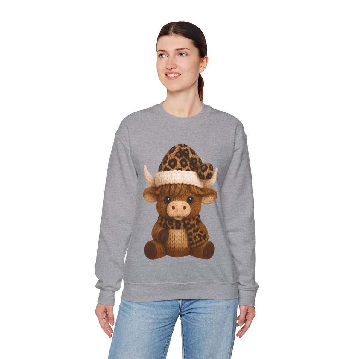 Cute Highland Cow with Leopard Santa Hat Christmas – Gildan Heavy Blend | Trendy Women’s Soft Sweatshirt. Direct to Garment. Printed & Shipped in the USA. Unisex Sizes.