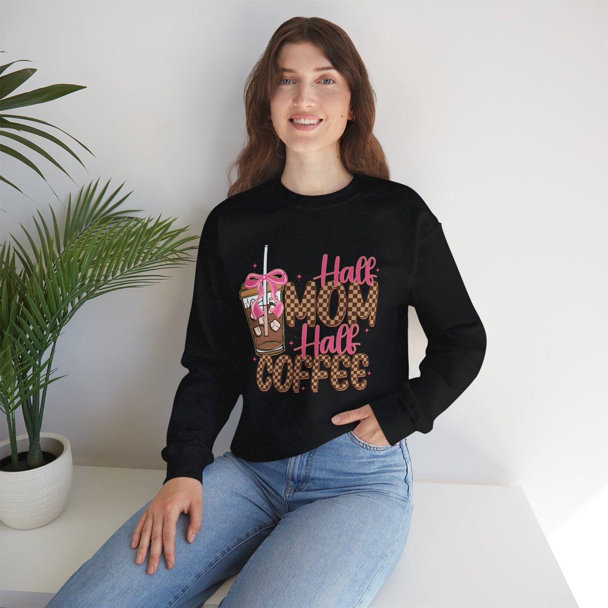 Half Mom Half Coffee, Cute Leopard Print Coffee Design – Gildan Heavy Blend | Trendy Women’s Soft Sweatshirt. Direct to Garment. Printed & Shipped in the USA. Unisex Sizes.