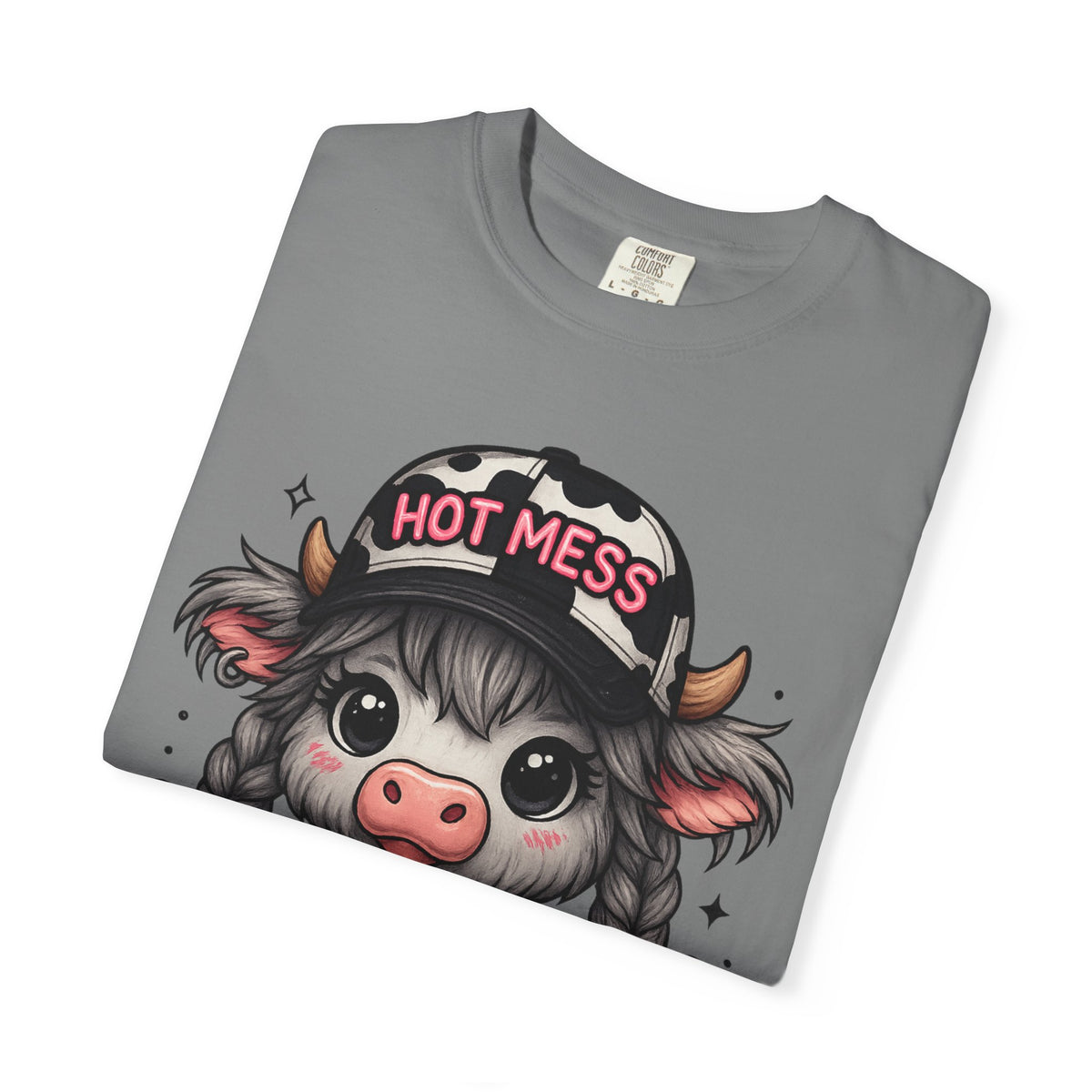 Cute Highland Cow 'Hot Mess' In Braids  - Comfort Colors | Trendy Women's T-Shirt. Direct to Garment. Printed & Shipped in the USA. Unisex Sizes.