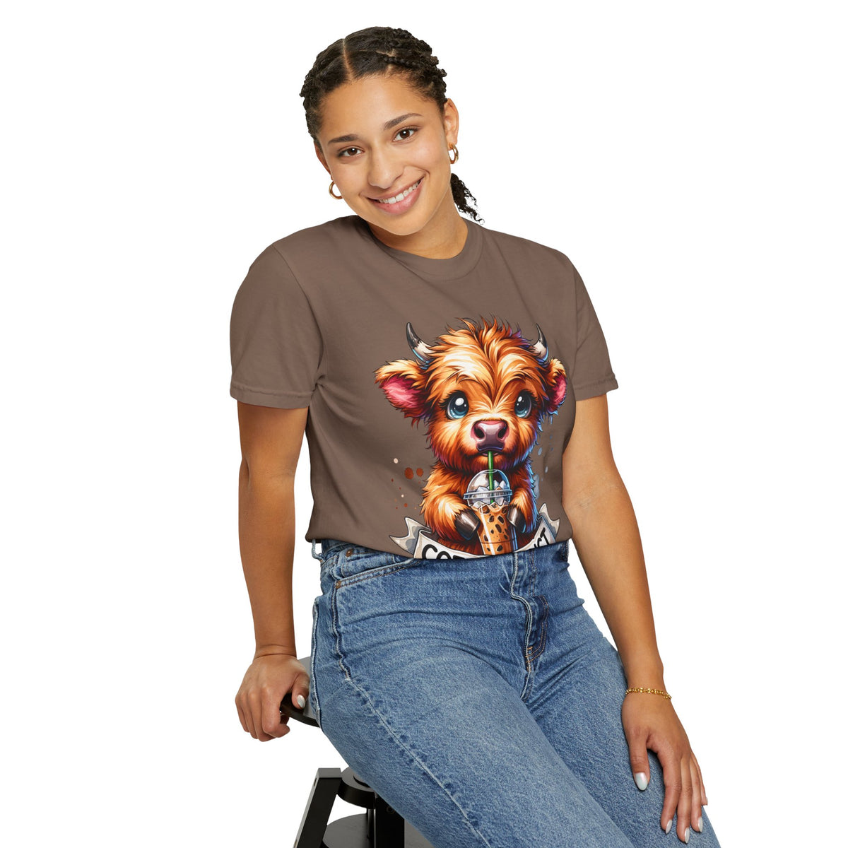 Coffee Addict Highland Cow Drinking Iced Coffee - Comfort Colors | Trendy Women's T-Shirt. Direct to Garment. Printed & Shipped in the USA. Unisex Sizes.