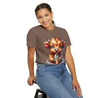 Coffee Addict Highland Cow Drinking Iced Coffee - Comfort Colors | Trendy Women's T-Shirt. Direct to Garment. Printed & Shipped in the USA. Unisex Sizes.