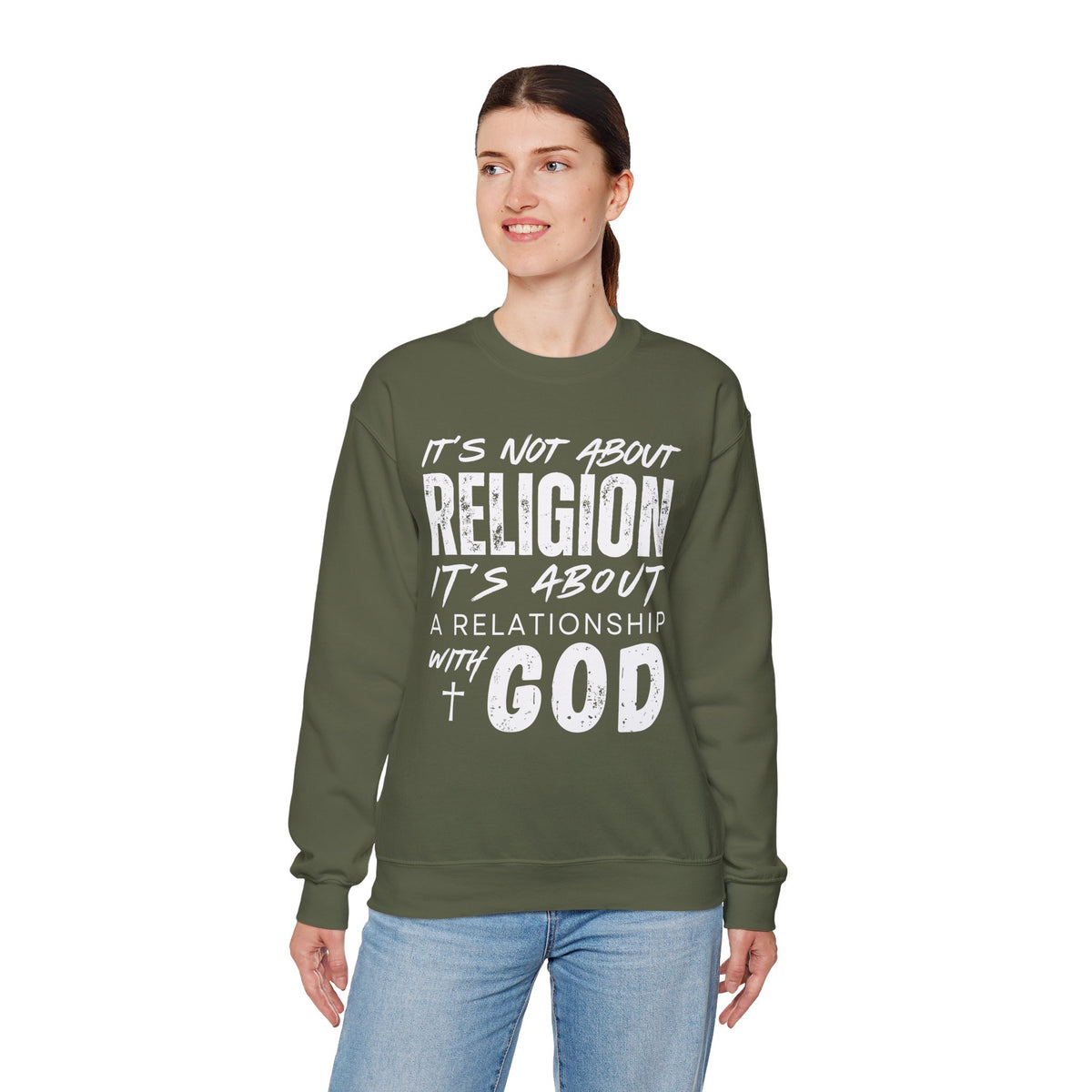 It's Not About Religion, It's About a Relationship with God – Gildan Heavy Blend | Trendy Men's and Women’s Soft Sweatshirt. Direct to Garment. Printed & Shipped in the USA. Unisex Sizes.