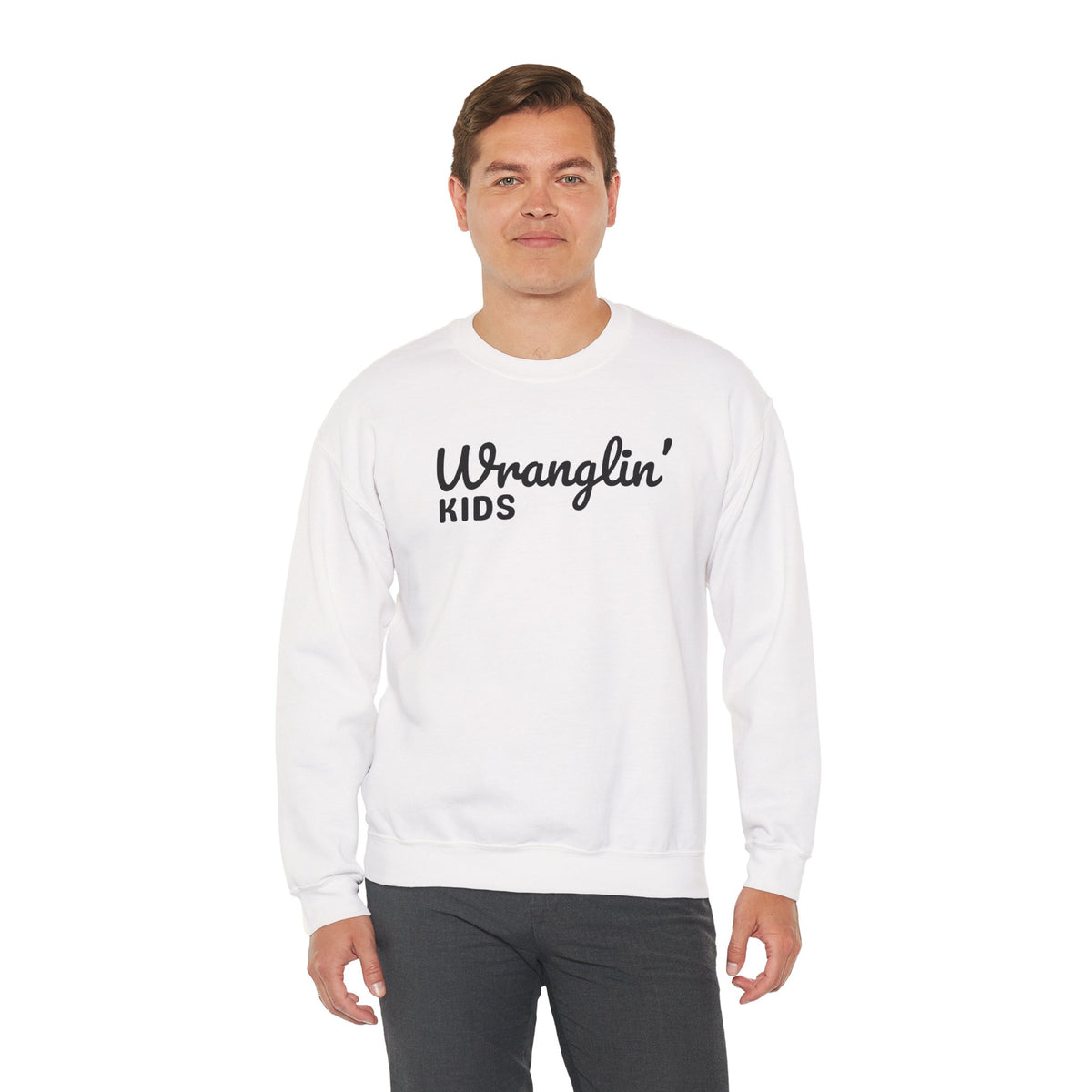 Wranglin' Kids Funny Mom Dad – Gildan Heavy Blend | Trendy Women’s and Men's Soft Sweatshirt. Direct to Garment. Printed & Shipped in the USA. Unisex Sizes.