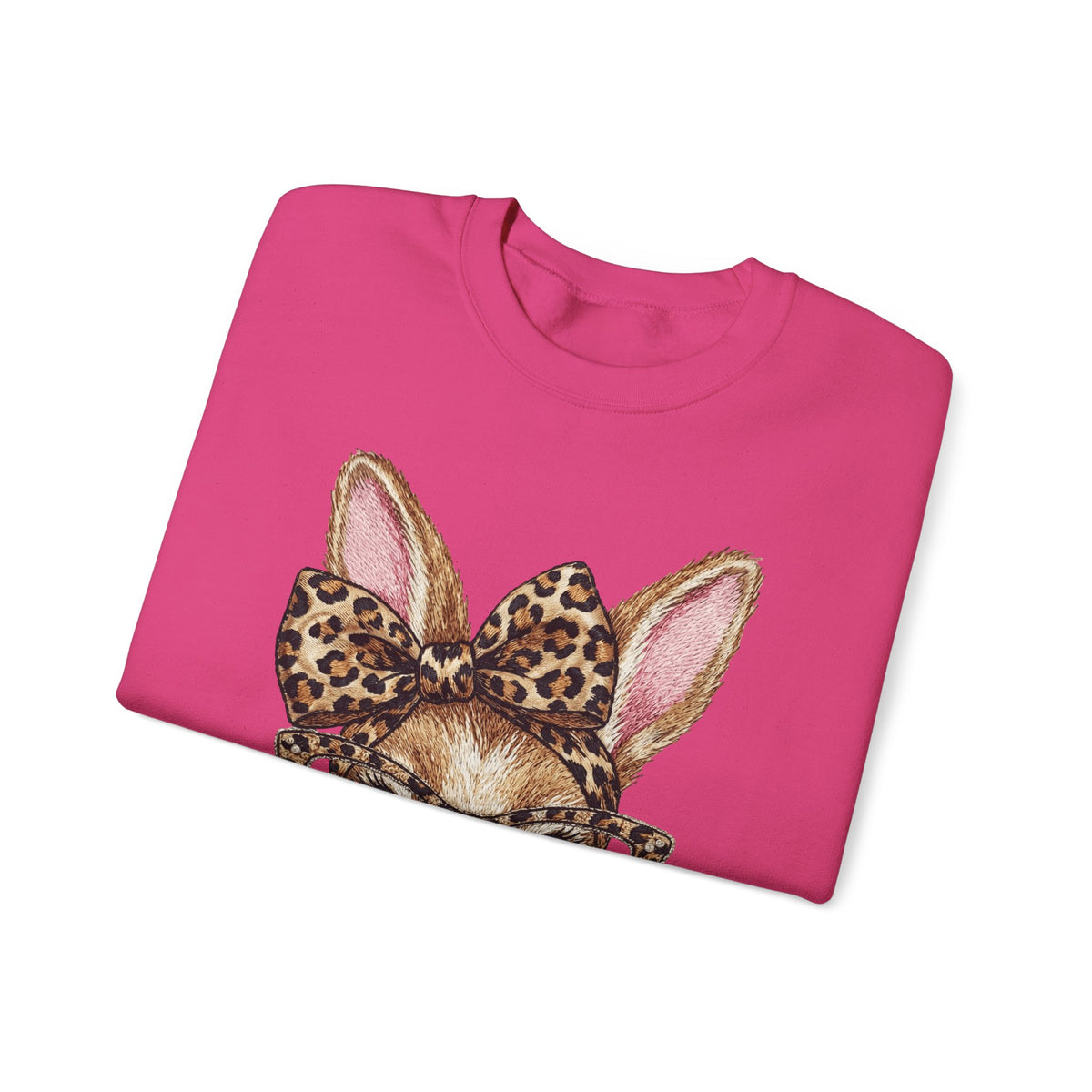 Bunny with Leopard Glasses and Bow – Gildan Heavy Blend | Trendy Women’s Soft Sweatshirt. Direct to Garment. Printed & Shipped in the USA. Unisex Sizes.