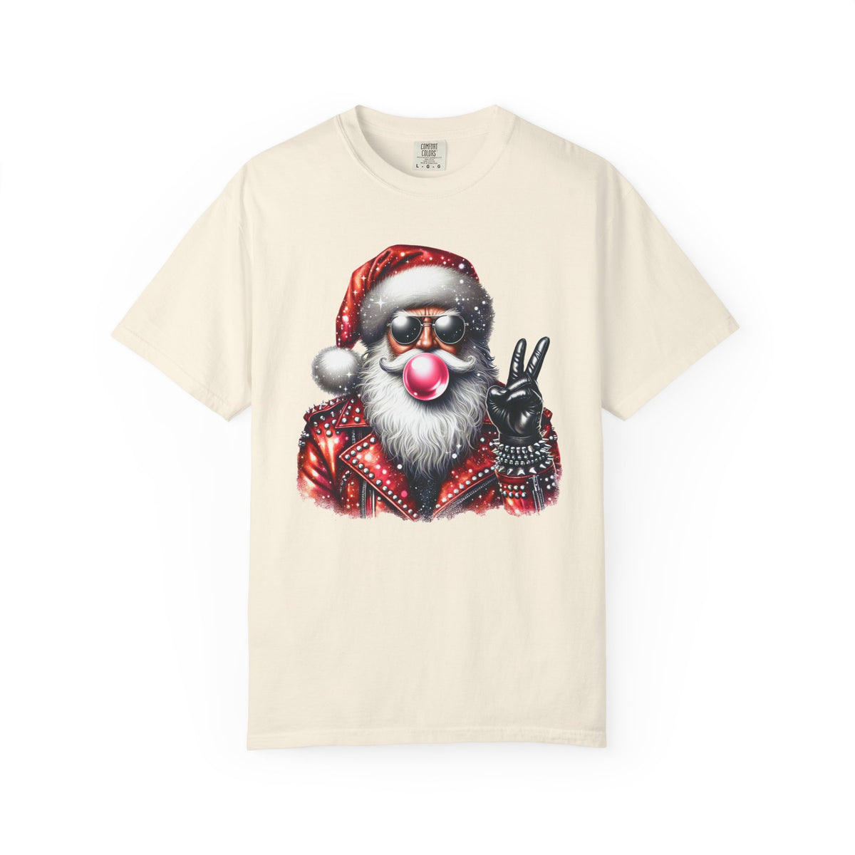 Biker Santa Leather Jacket Bubblegum - Comfort Colors | Trendy Women's and Men's T-Shirt. Direct to Garment. Printed & Shipped in the USA. Unisex Sizes.