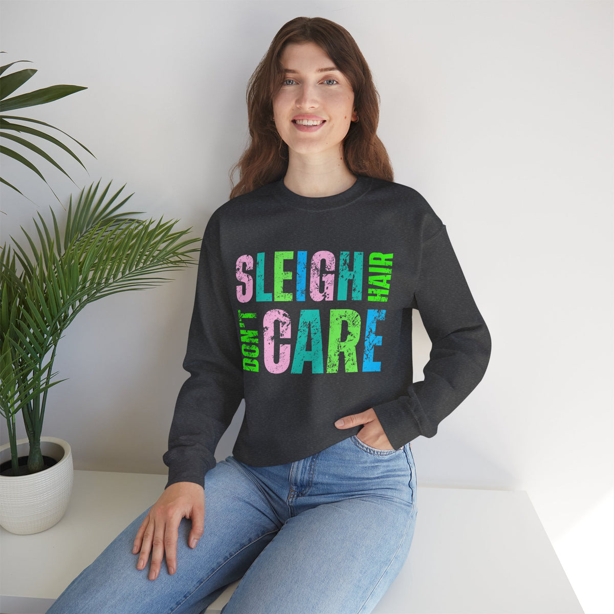Sleigh Hair Don’t Care, Funny Christmas Graphic Tee – Gildan Heavy Blend | Trendy Women’s Soft Sweatshirt. Direct to Garment. Printed & Shipped in the USA. Unisex Sizes.
