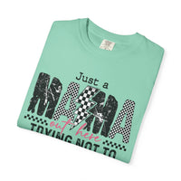 Just a Mama Out Here Trying Not To Raise Assholes - Comfort Colors | Trendy Women's T-Shirt. Direct to Garment. Printed & Shipped in the USA. Unisex Sizes.