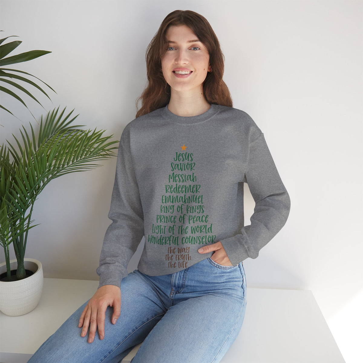 Jesus Names Christmas Tree – Gildan Heavy Blend | Trendy Women’s Soft Sweatshirt. Direct to Garment. Printed & Shipped in the USA. Unisex Sizes.