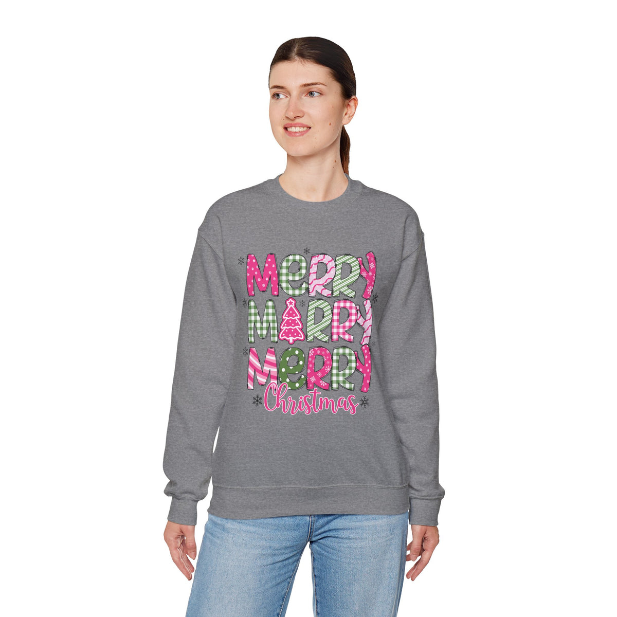 Merry Merry Merry Christmas Festive Candy Cane - Pink and Green – Gildan Heavy Blend | Trendy Women’s Soft Sweatshirt. Direct to Garment. Printed & Shipped in the USA. Unisex Sizes.