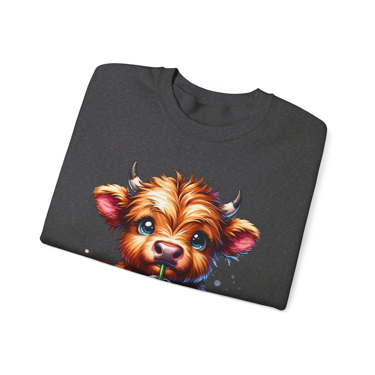 Coffee Addict Highland Cow Drinking Iced Coffee – Gildan Heavy Blend | Trendy Women’s Soft Sweatshirt. Direct to Garment. Printed & Shipped in the USA. Unisex Sizes.