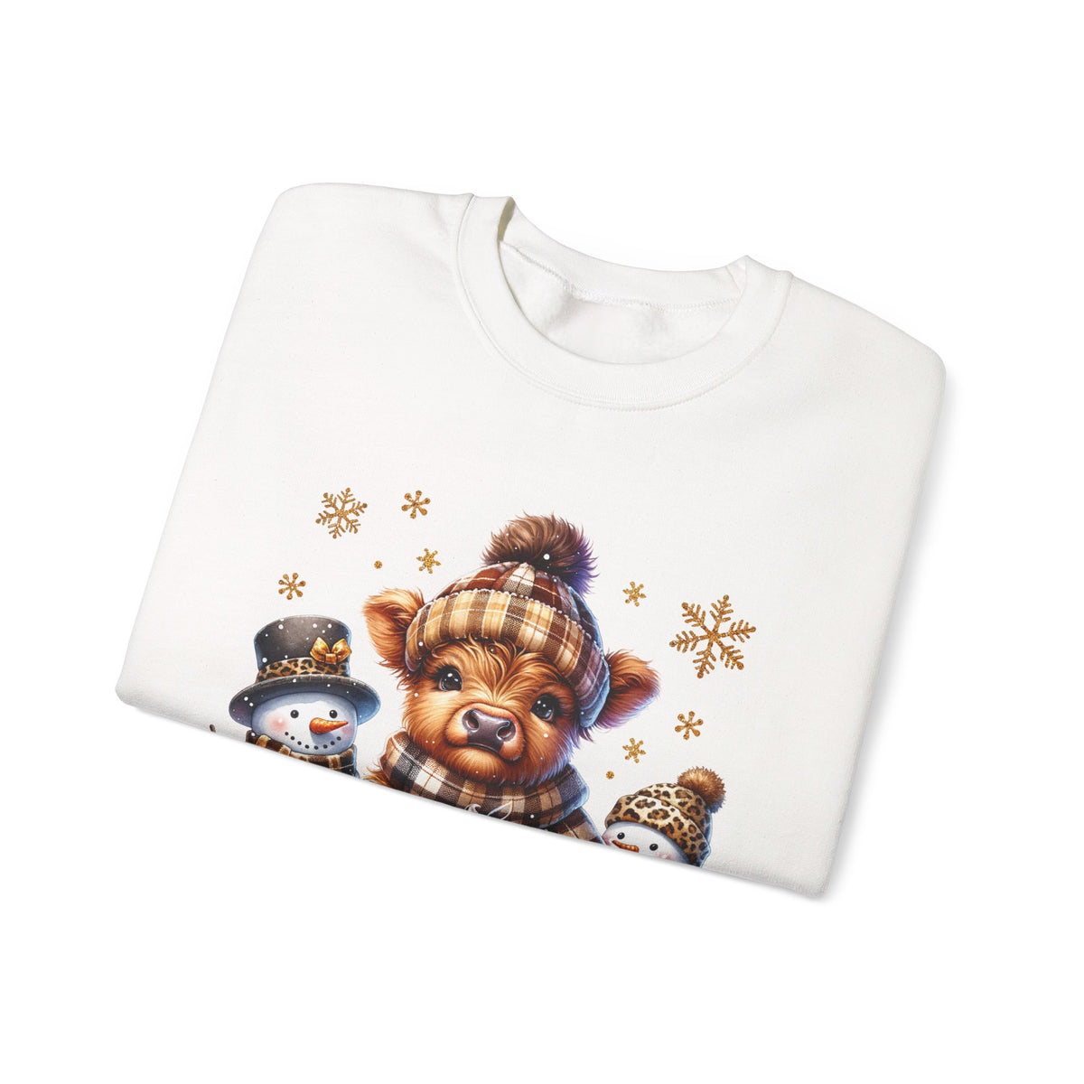 Cute Highland Cow with Snowmen, Winter – Gildan Heavy Blend | Trendy Women’s Soft Sweatshirt. Direct to Garment. Printed & Shipped in the USA. Unisex Sizes.