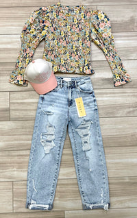 Floral Smocked Puff Sleeve Ruffled 3/4 Sleeve Crop Top