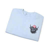 Head Heffa Highland Cow, Front & Back Print – Gildan Heavy Blend | Trendy Women’s Soft Sweatshirt. Direct to Garment. Printed & Shipped in the USA. Unisex Sizes.