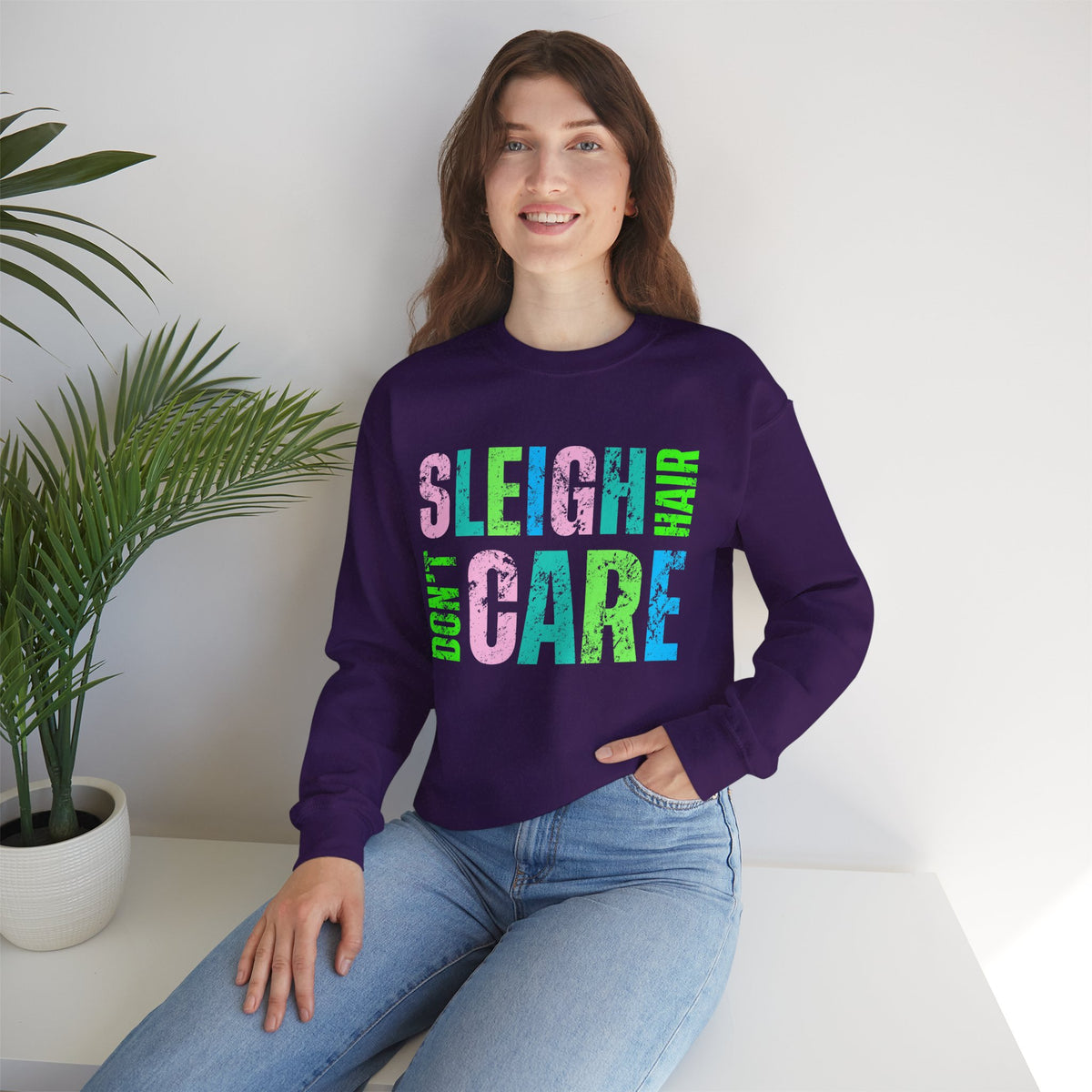 Sleigh Hair Don’t Care, Funny Christmas Graphic Tee – Gildan Heavy Blend | Trendy Women’s Soft Sweatshirt. Direct to Garment. Printed & Shipped in the USA. Unisex Sizes.