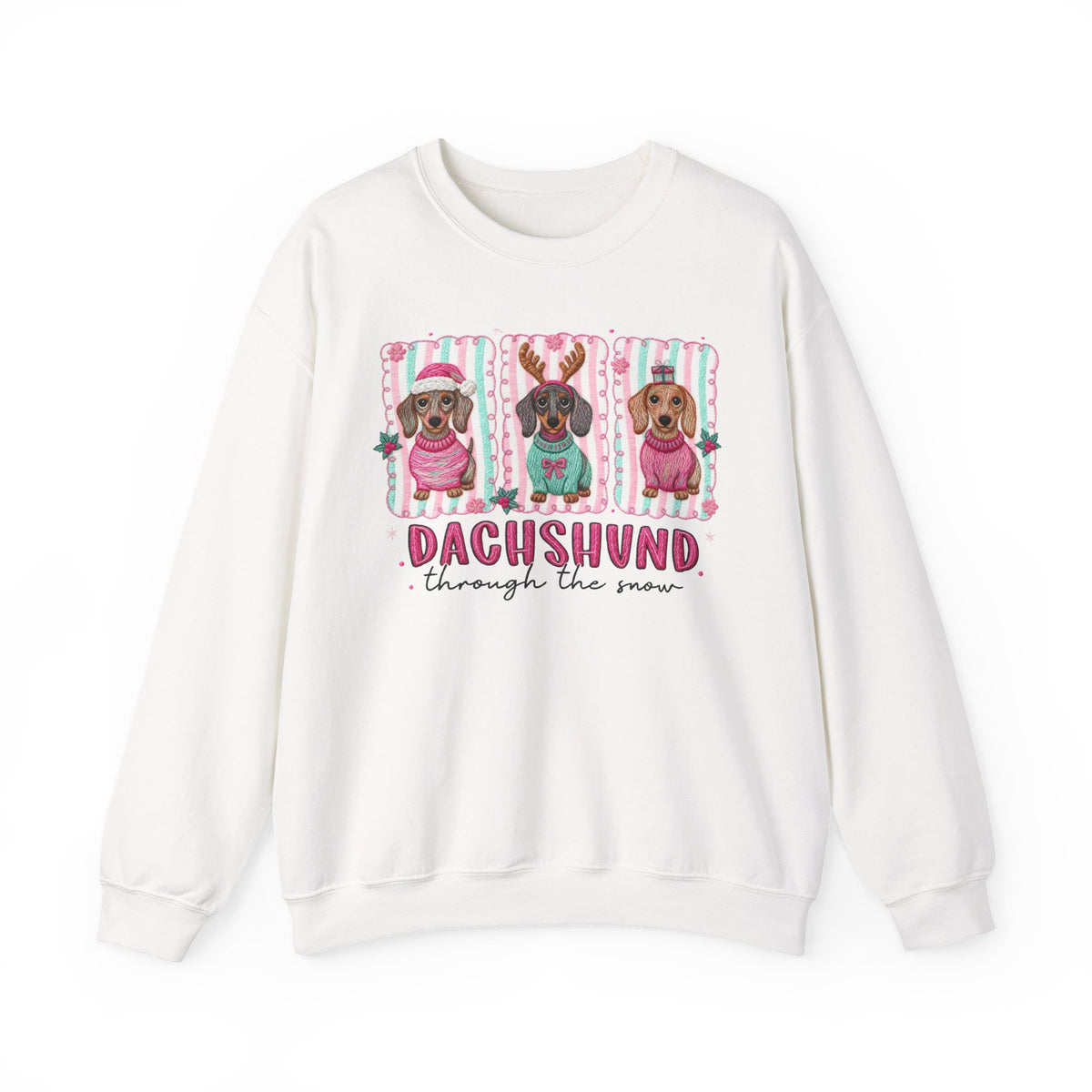 Dachshund Through the Snow – Gildan Heavy Blend | Trendy Women’s Soft Sweatshirt. Direct to Garment. Printed & Shipped in the USA. Unisex Sizes.