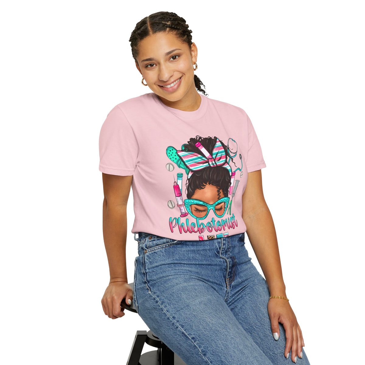 Phlebotomist Life, Messy Bun - Comfort Colors | Trendy Women's T-Shirt. Direct to Garment. Printed & Shipped in the USA. Unisex Sizes.
