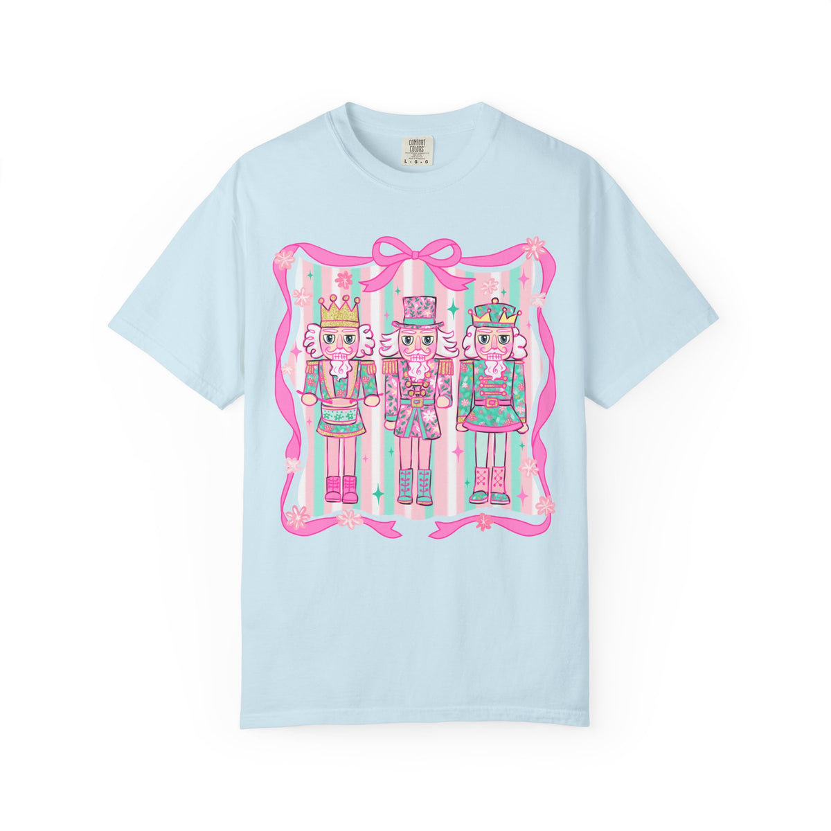 Coquette Pastel Christmas Nutcracker Trio Pink and Green - Comfort Colors | Trendy Women's T-Shirt. Direct to Garment. Printed & Shipped in the USA. Unisex Sizes.