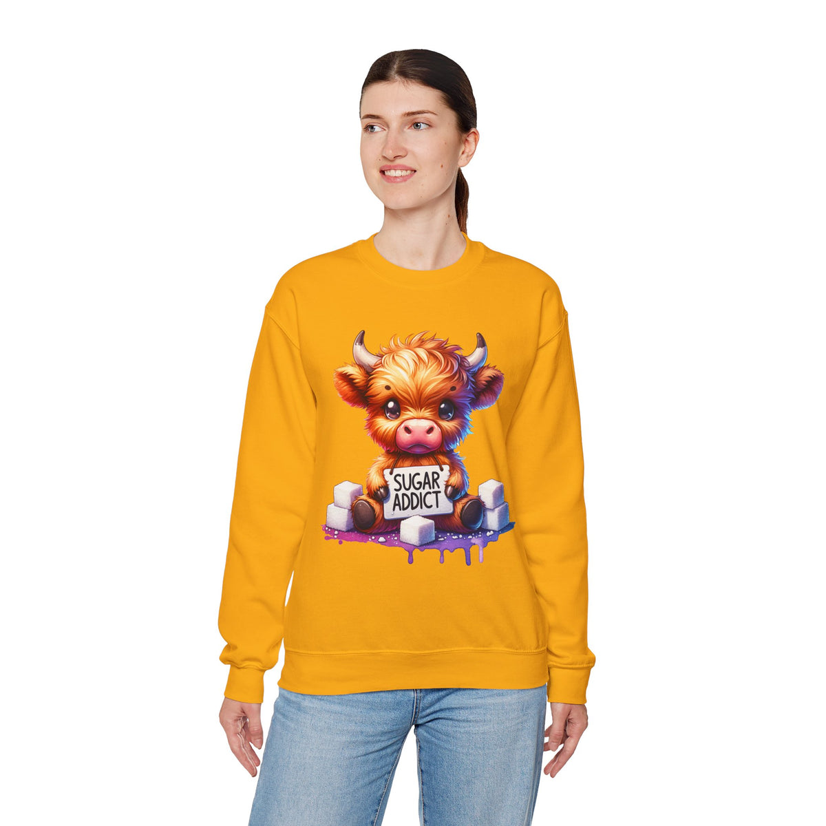 Sugar Addict Highland Cow – Gildan Heavy Blend | Trendy Women’s Soft Sweatshirt. Direct to Garment. Printed & Shipped in the USA. Unisex Sizes.