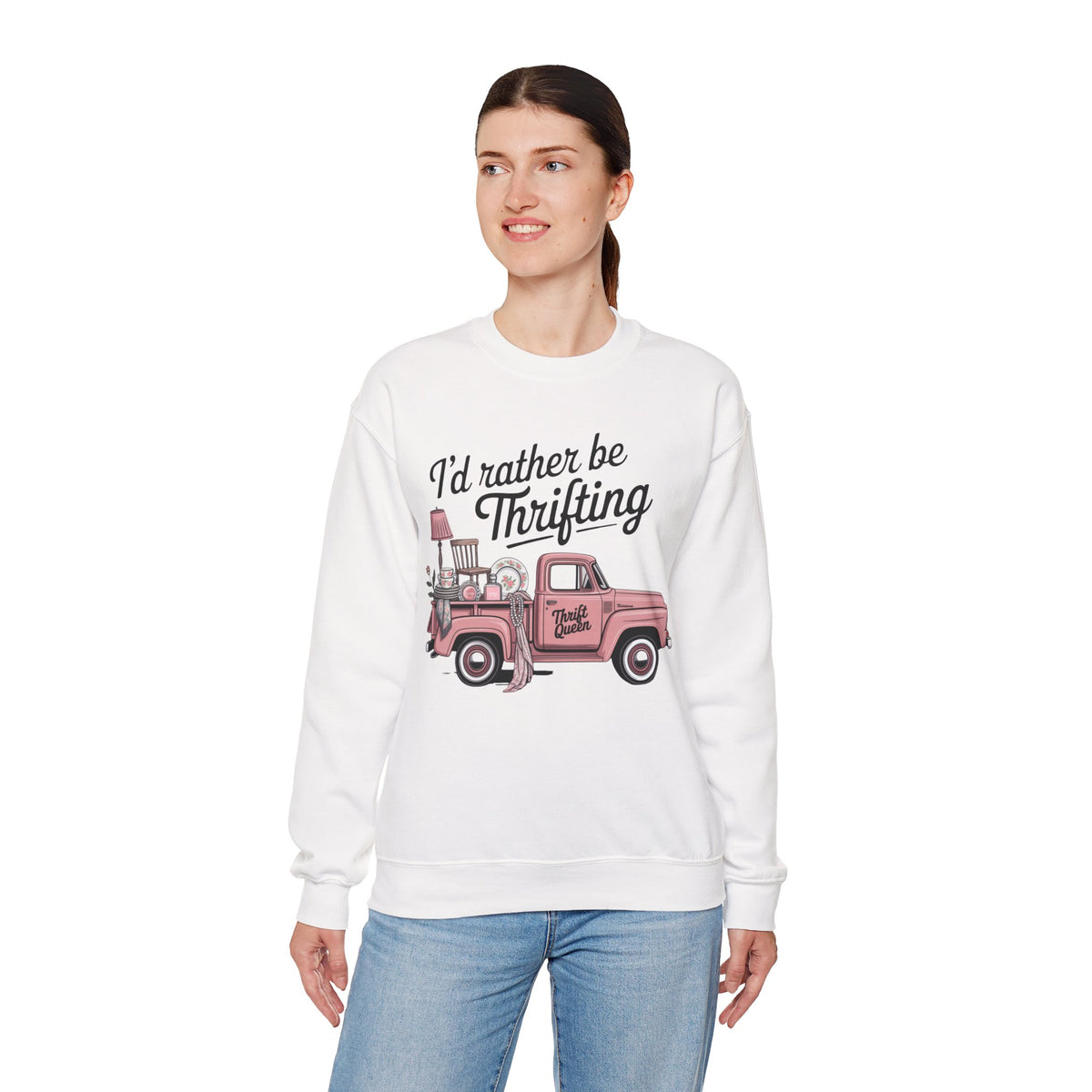 I'd Rather Be Thrifting. Pink Vintage Truck – Gildan Heavy Blend | Trendy Women’s Soft Sweatshirt. Direct to Garment. Printed & Shipped in the USA. Unisex Sizes.