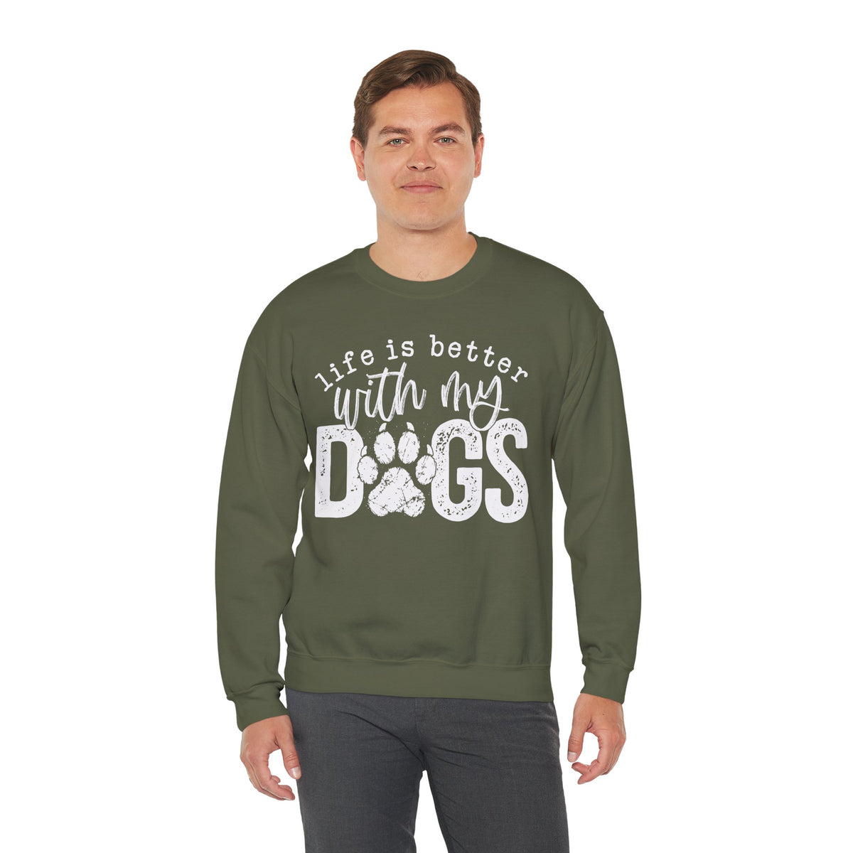 Life Is Better With My Dogs, Distressed – Gildan Heavy Blend | Trendy Women’s and Men's Soft Sweatshirt. Direct to Garment. Printed & Shipped in the USA. Unisex Sizes.