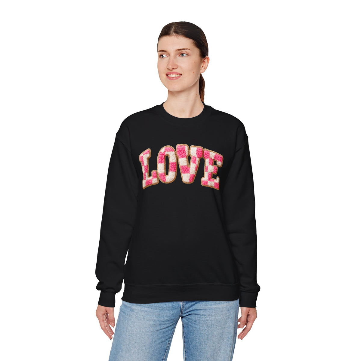 Faux Crochet Checkered LOVE – Gildan Heavy Blend | Trendy Women’s Soft Sweatshirt. Direct to Garment. Printed & Shipped in the USA. Unisex Sizes.