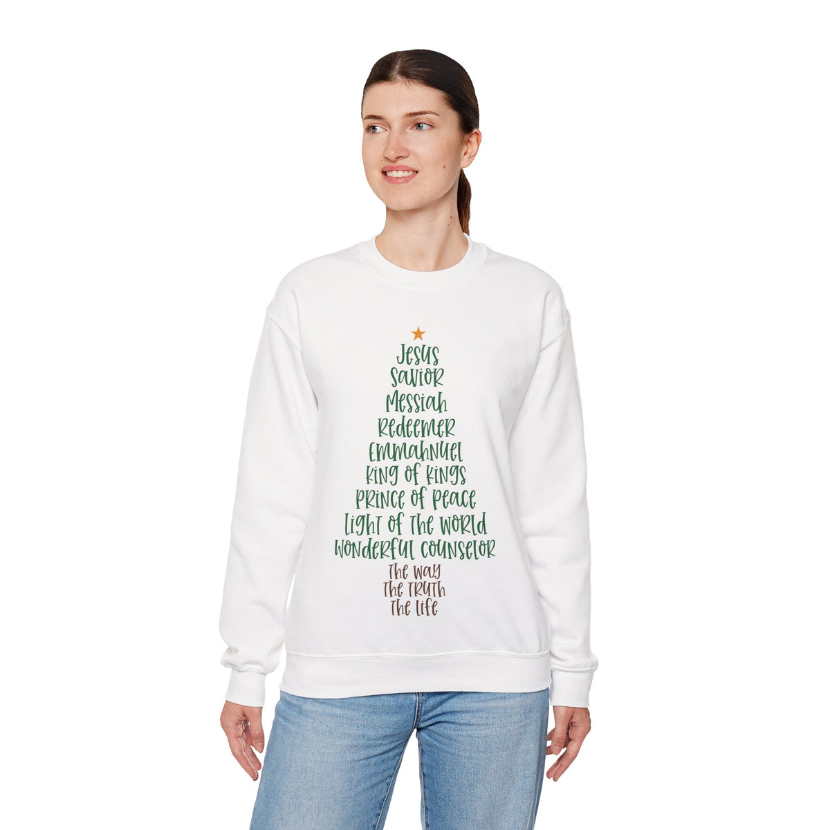 Jesus Names Christmas Tree – Gildan Heavy Blend | Trendy Women’s Soft Sweatshirt. Direct to Garment. Printed & Shipped in the USA. Unisex Sizes.