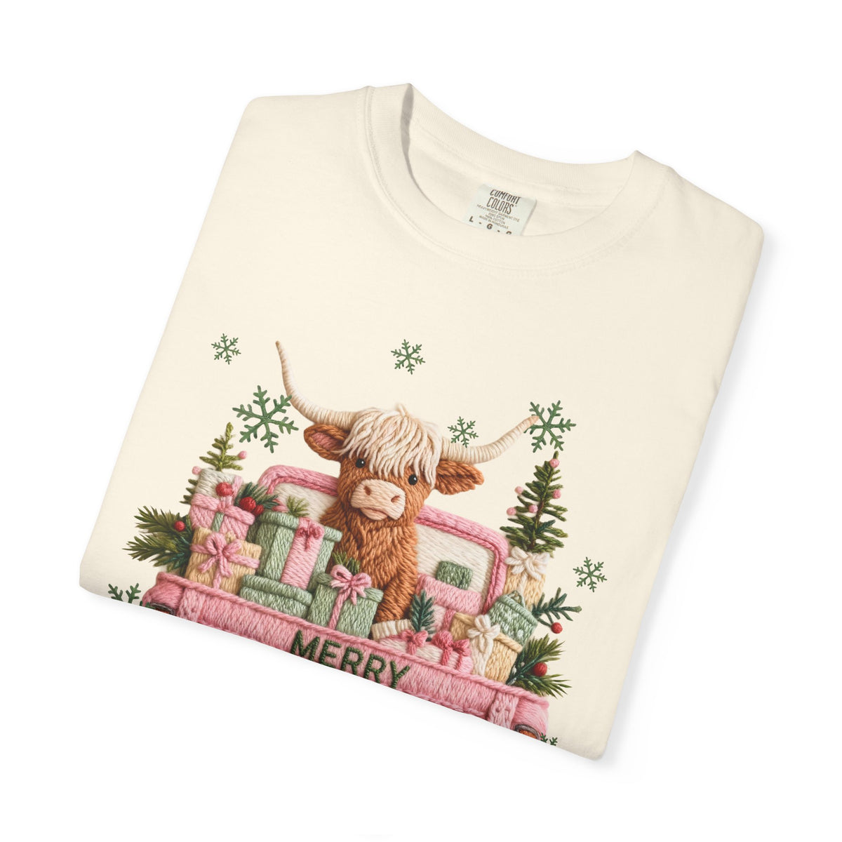 Highland Cow in Pink Truck Merry Christmas Holiday Farmhouse - Comfort Colors | Trendy Women's T-Shirt. Direct to Garment. Printed & Shipped in the USA. Unisex Sizes.