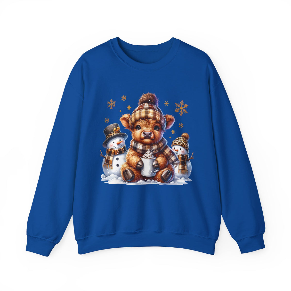 Cute Highland Cow with Snowmen, Winter – Gildan Heavy Blend | Trendy Women’s Soft Sweatshirt. Direct to Garment. Printed & Shipped in the USA. Unisex Sizes.
