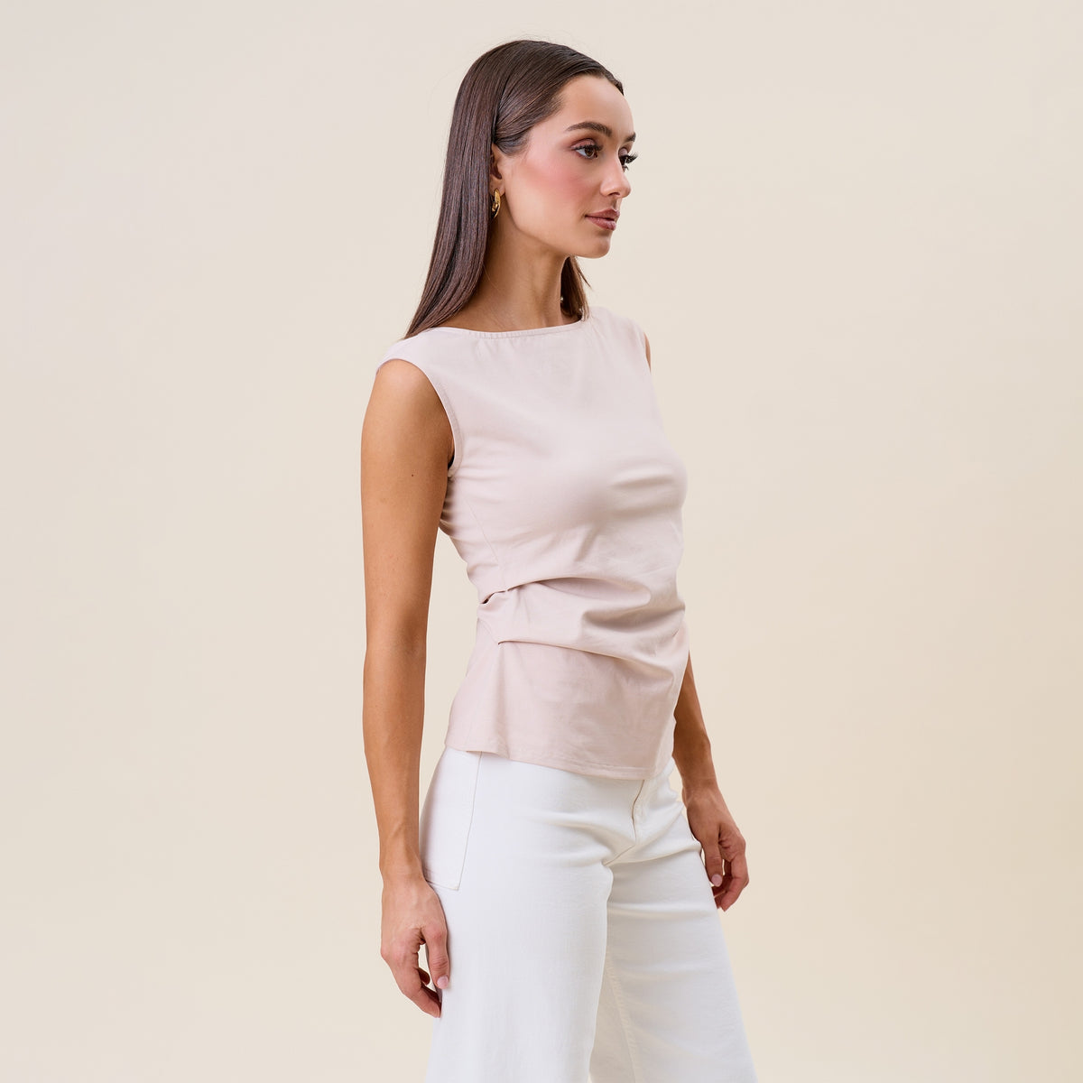 Side Pleated (Natural) Boatneck 95% Cotton Top