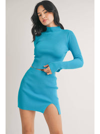 Mini Mock Neck Long-Sleeve Ribbed Top - Aqua
