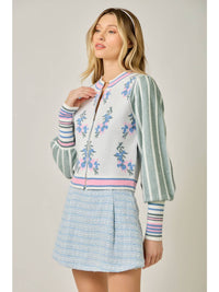 Floral Sweater Bomber Jacket w/Puff Sleeves