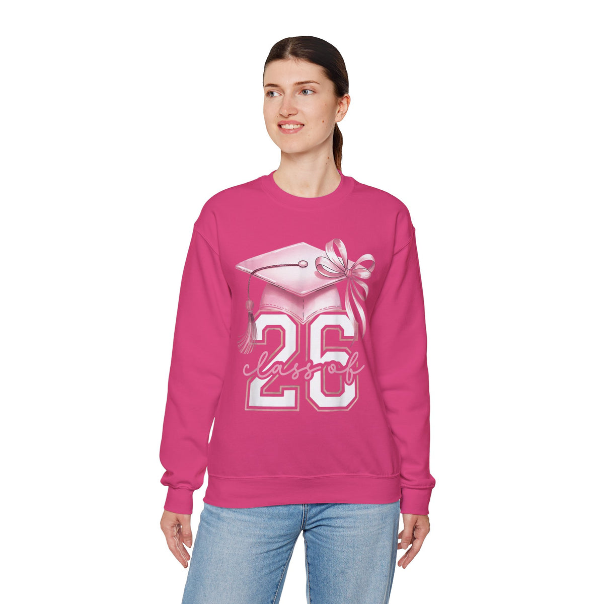 Pink Coquette, Class of 2026 26 Graduation, Pink Cap – Gildan Heavy Blend | Trendy Women’s Soft Sweatshirt. Direct to Garment. Printed & Shipped in the USA. Unisex Sizes.