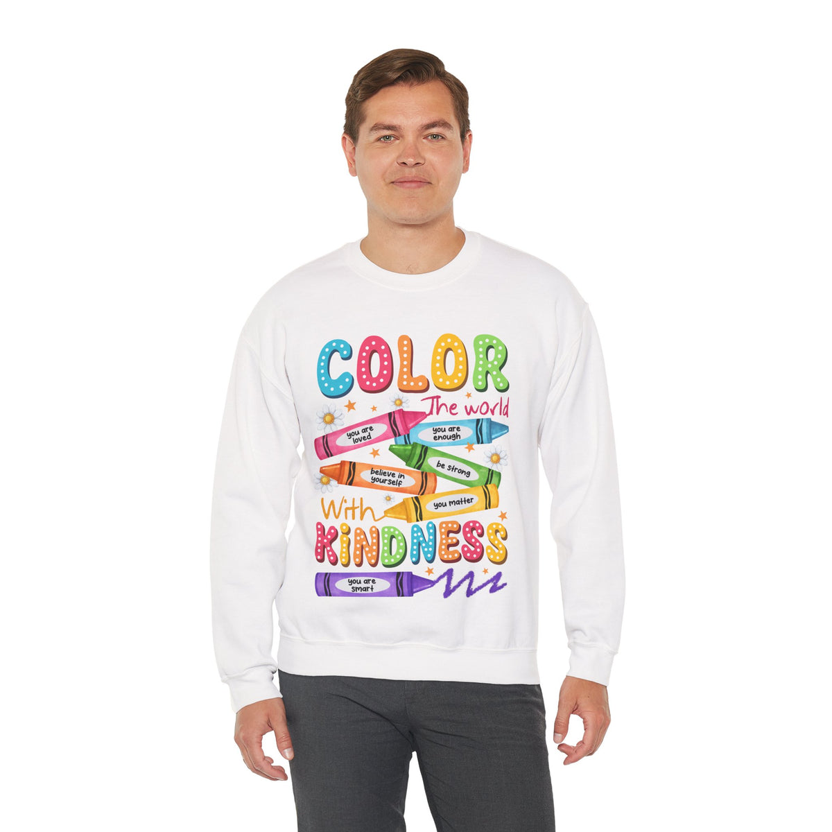 Color the World With Kindness Crayons, Great Teacher Gift – Gildan Heavy Blend | Trendy Women’s and Men's Soft Sweatshirt. Direct to Garment. Printed & Shipped in the USA. Unisex Sizes.