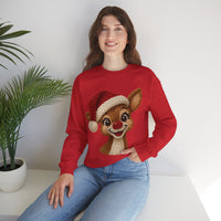 Cute Rudolph Faux Knit Look Reindeer w/Santa Hat – Gildan Heavy Blend | Trendy Women’s Soft Sweatshirt. Direct to Garment. Printed & Shipped in the USA. Unisex Sizes.