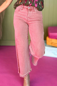 Dolly Pink Acid-Washed Cropped Wide Leg Jeans