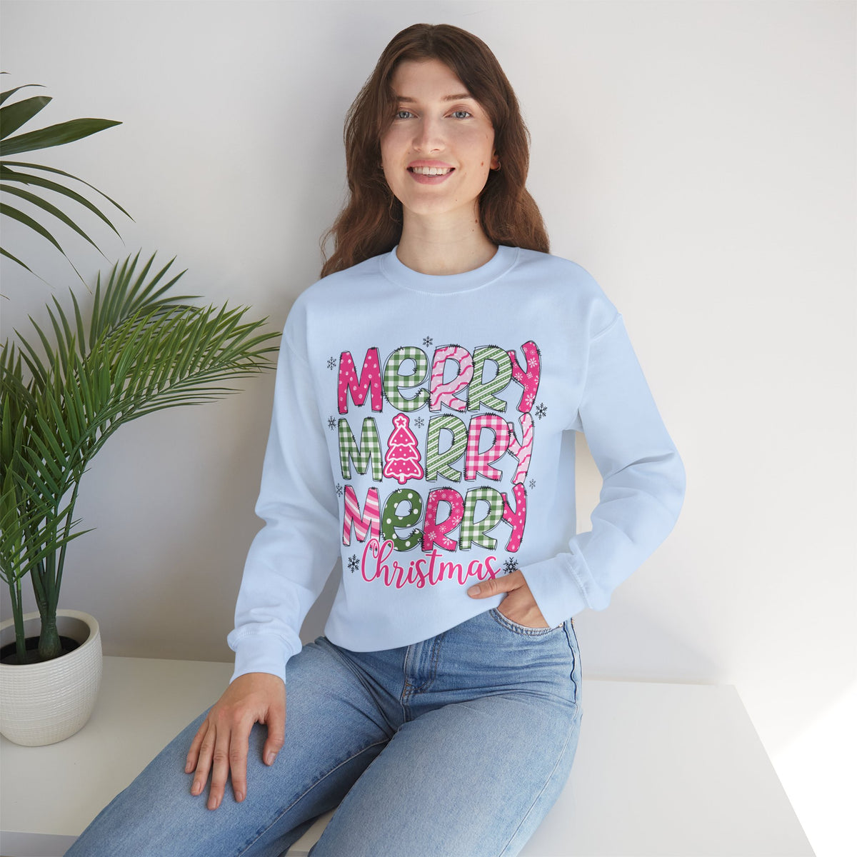 Merry Merry Merry Christmas Festive Candy Cane - Pink and Green – Gildan Heavy Blend | Trendy Women’s Soft Sweatshirt. Direct to Garment. Printed & Shipped in the USA. Unisex Sizes.