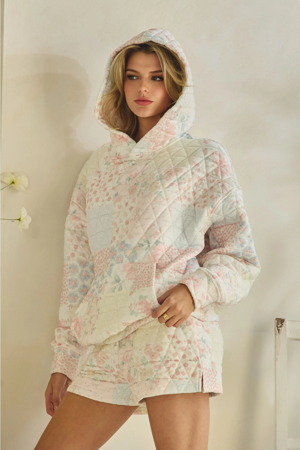 Floral Textured Quilted-Print Hoodie