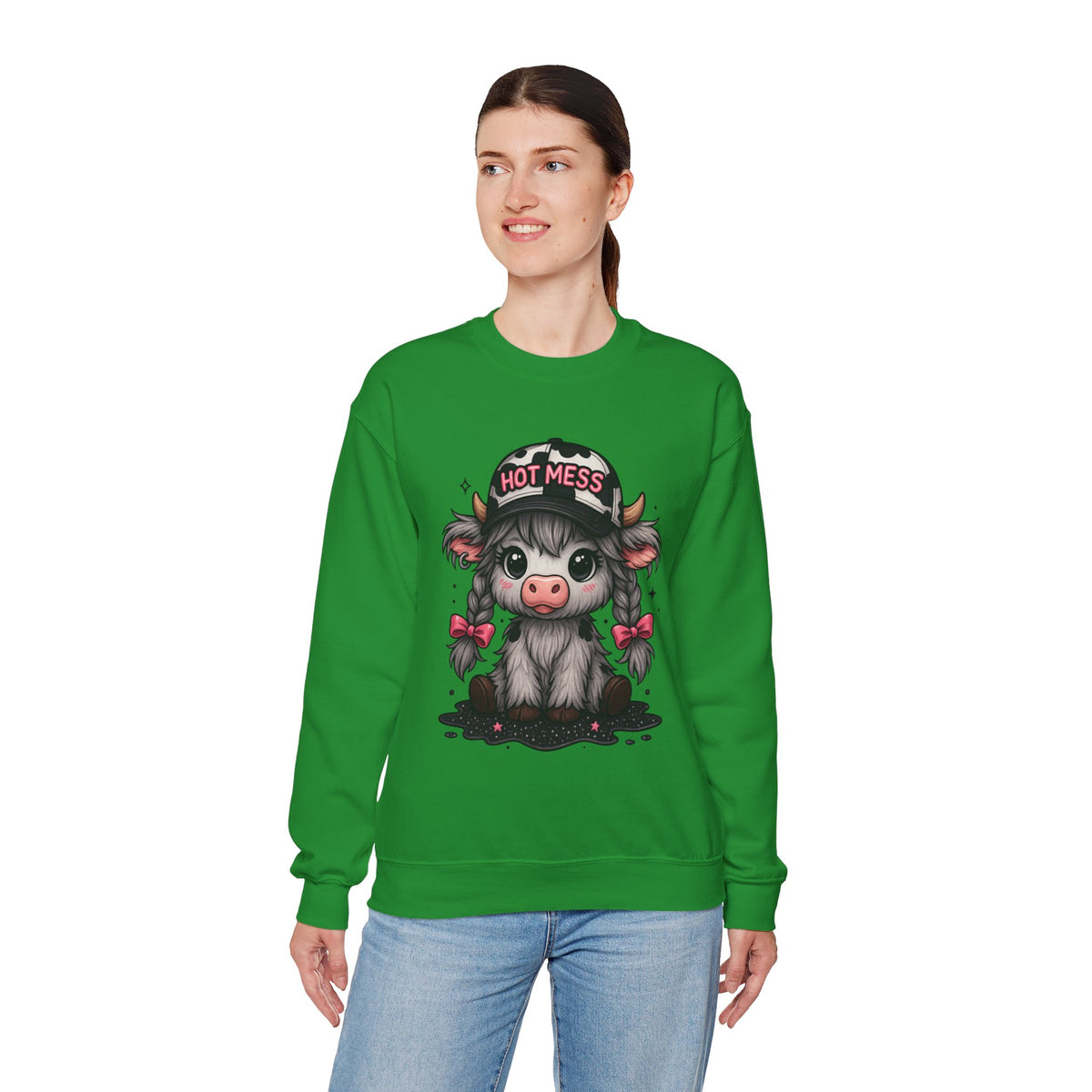 Cute Highland Cow 'Hot Mess' In Braids – Gildan Heavy Blend | Trendy Women’s Soft Sweatshirt. Direct to Garment. Printed & Shipped in the USA. Unisex Sizes.