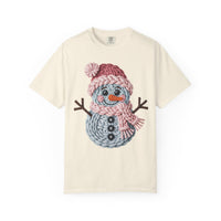 Cute Yarn Snowman - Pink Scarf - Comfort Colors | Trendy Women's T-Shirt. Direct to Garment. Printed & Shipped in the USA. Unisex Sizes.