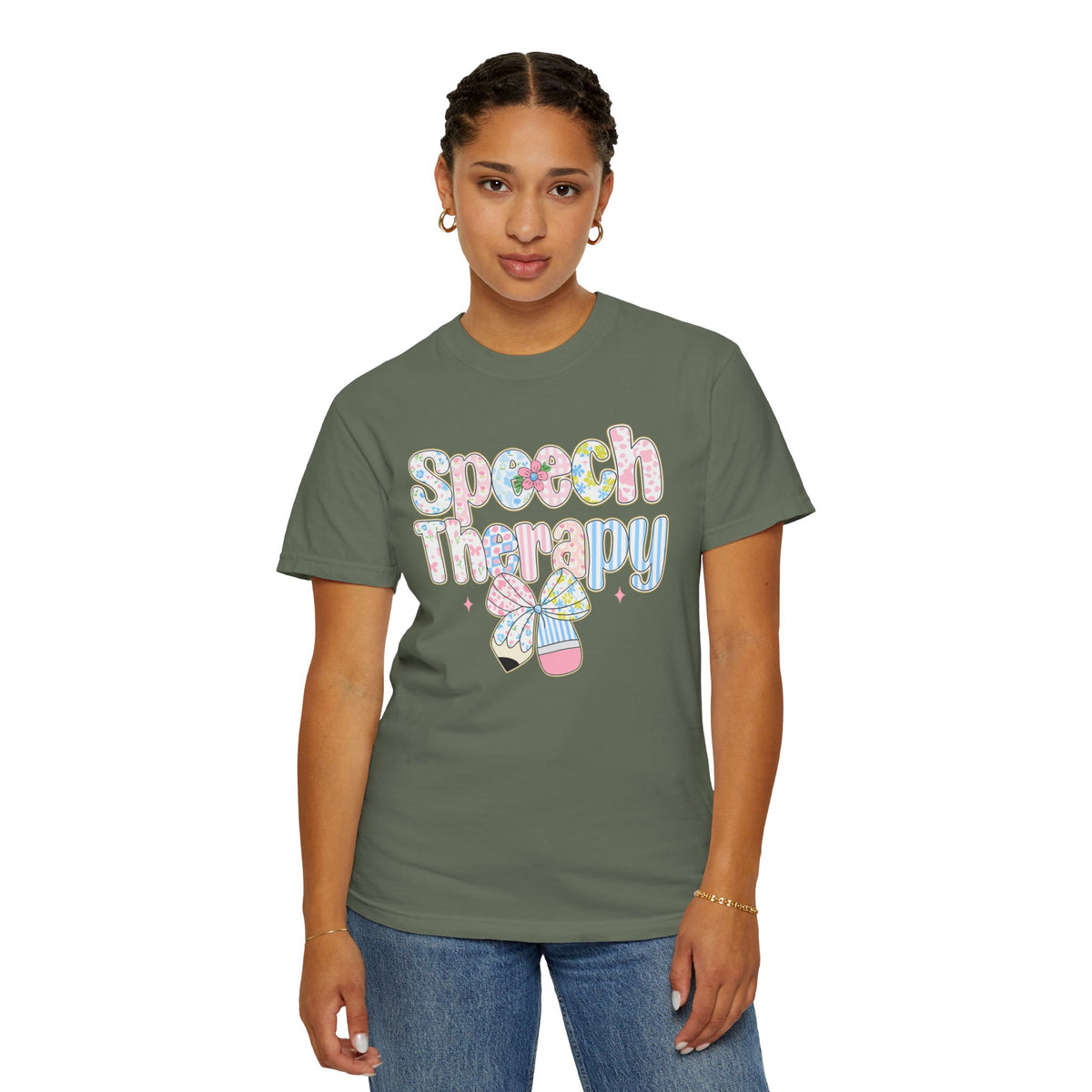 Speech Therapy - Pink Blue Coquette - Comfort Colors | Trendy Women's T-Shirt. Direct to Garment. Printed & Shipped in the USA. Unisex Sizes.
