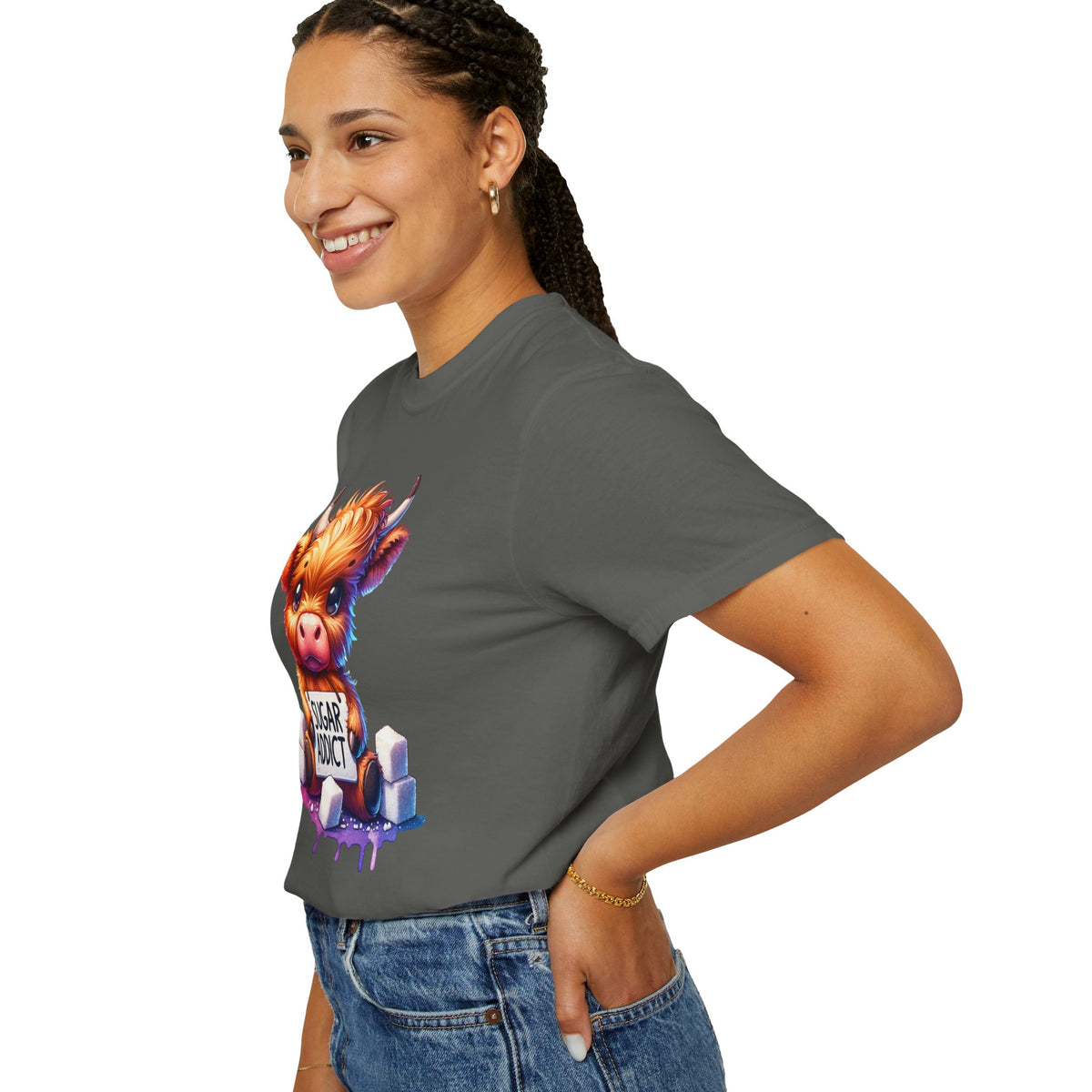 Sugar Addict Highland Cow - Comfort Colors | Trendy Women's T-Shirt. Direct to Garment. Printed & Shipped in the USA. Unisex Sizes.