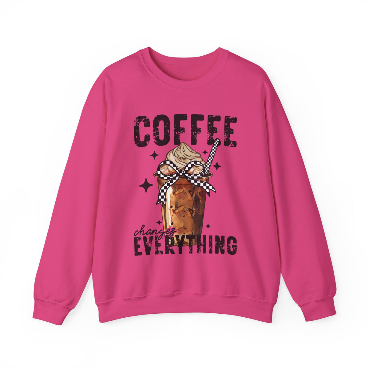 Coffee Changes Everything, Iced Coffee, Coffee Lovers – Gildan Heavy Blend | Trendy Women’s Soft Sweatshirt. Direct to Garment. Printed & Shipped in the USA. Unisex Sizes.