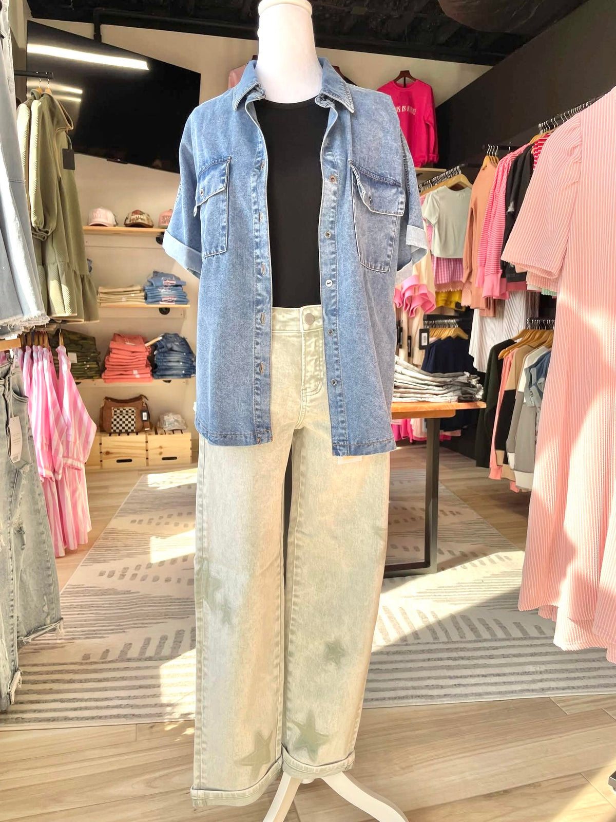 Blue Jean Cuffed Short Sleeve Denim Shirt with Chest Pockets