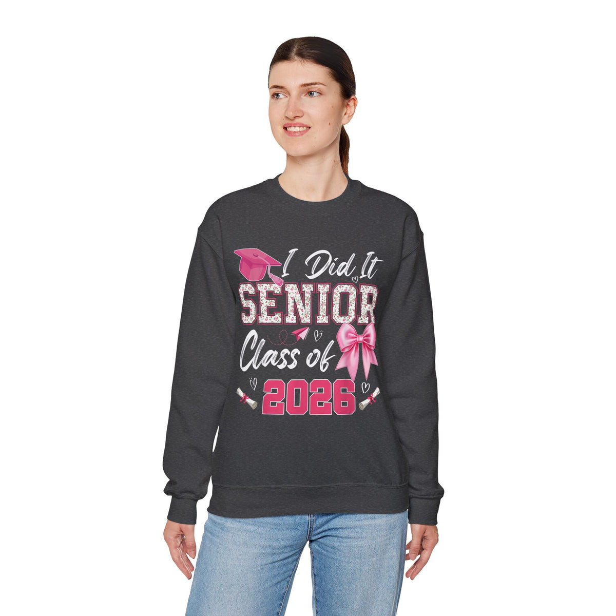 Class of 2026 I Did It Senior Coquette Bow Graduation – Gildan Heavy Blend | Trendy Women’s Soft Sweatshirt. Direct to Garment. Printed & Shipped in the USA. Unisex Sizes.