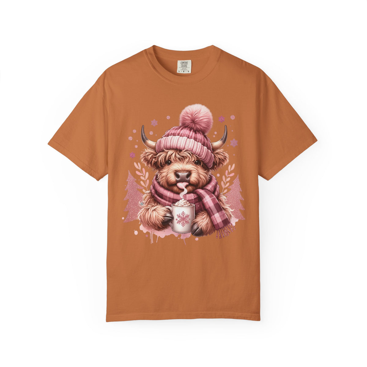 Cozy Highland Cow, Winter Coffee Mug & Scarf - Comfort Colors | Trendy Women's T-Shirt. Direct to Garment. Printed & Shipped in the USA. Unisex Sizes.