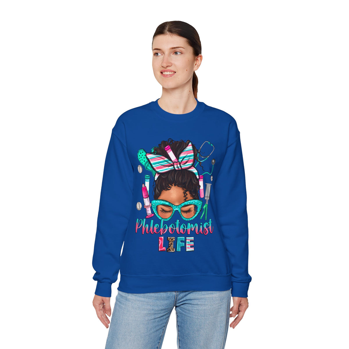 Phlebotomist Life, Messy Bun – Gildan Heavy Blend | Trendy Women’s Soft Sweatshirt. Direct to Garment. Printed & Shipped in the USA. Unisex Sizes.
