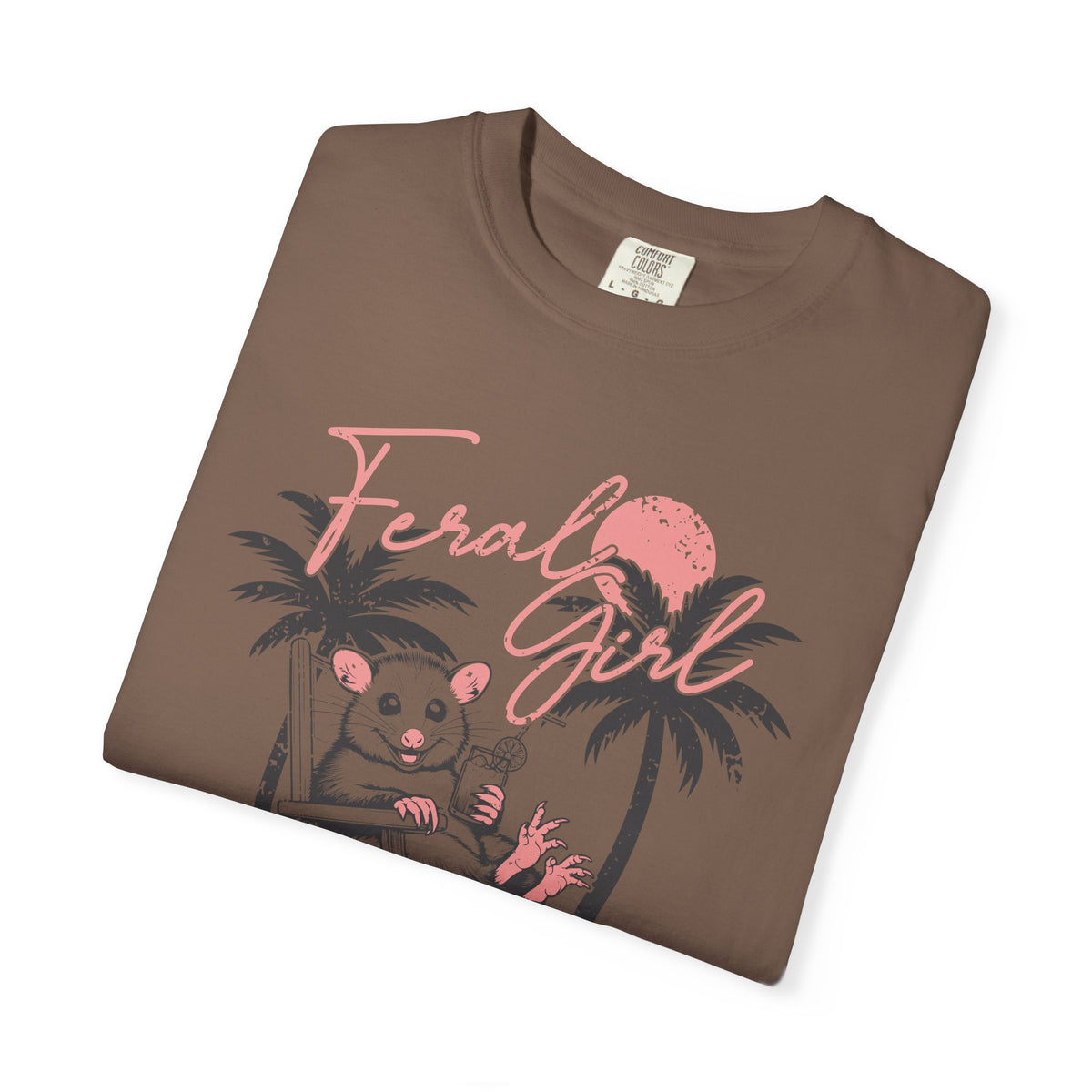 Feral Girl Summer, Possum on a Beach - Comfort Colors | Trendy Women's T-Shirt. Direct to Garment. Printed & Shipped in the USA. Unisex Sizes.