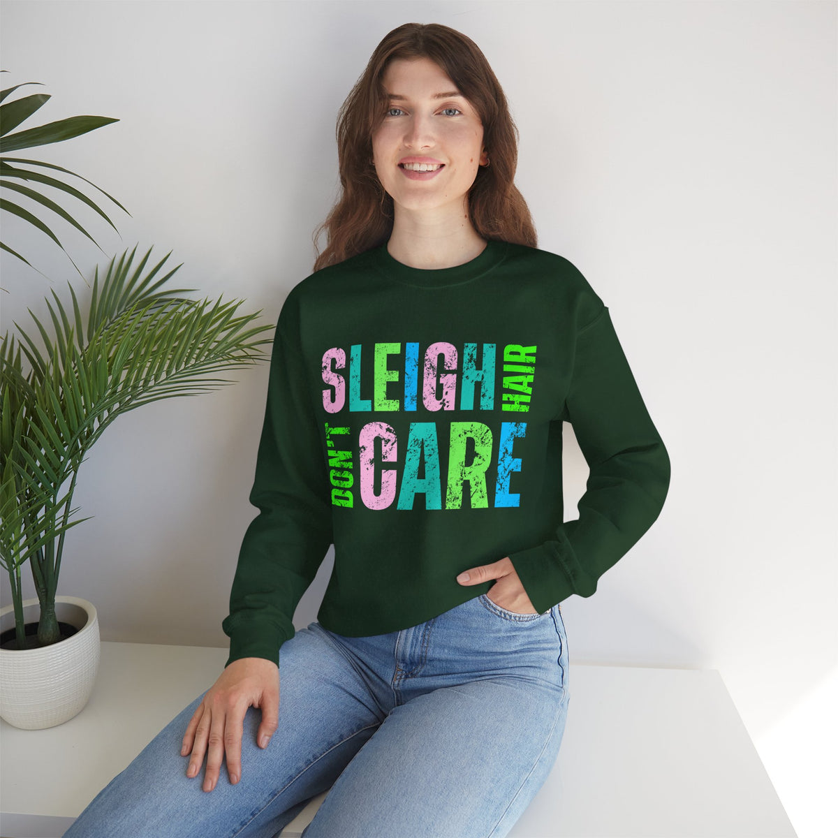 Sleigh Hair Don’t Care, Funny Christmas Graphic Tee – Gildan Heavy Blend | Trendy Women’s Soft Sweatshirt. Direct to Garment. Printed & Shipped in the USA. Unisex Sizes.
